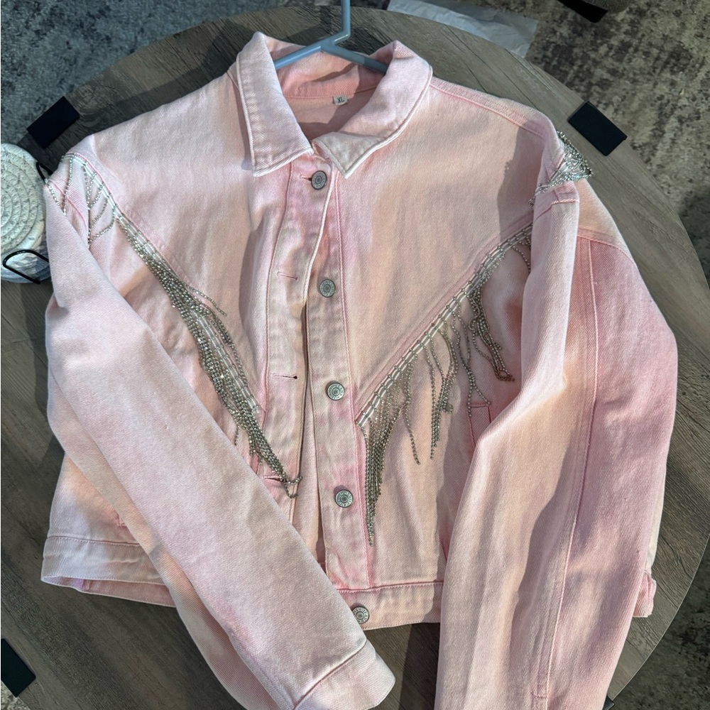 Pink Jean Jacket with Diamond Fringes